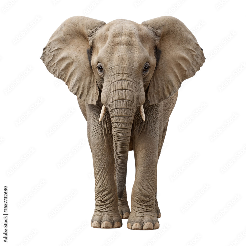 Obraz premium Elephant Standing Isolated on White Showing Large Ears and Tusks