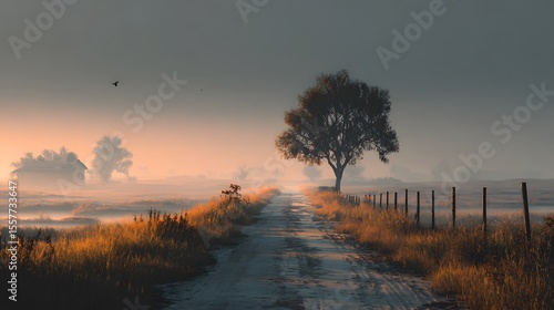 A lonely foggy road fading into the distance through a quiet countryside.