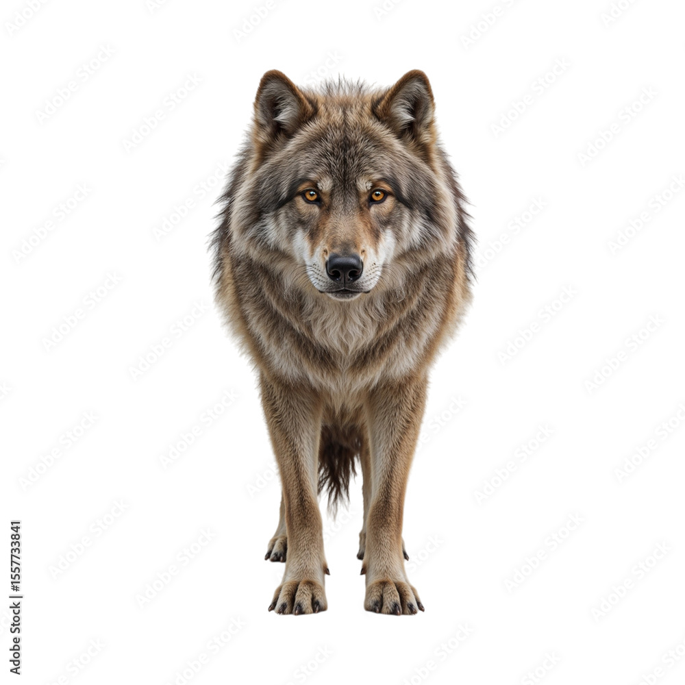 Obraz premium Majestic grey wolf with piercing amber eyes standing alert isolated on a transparent background