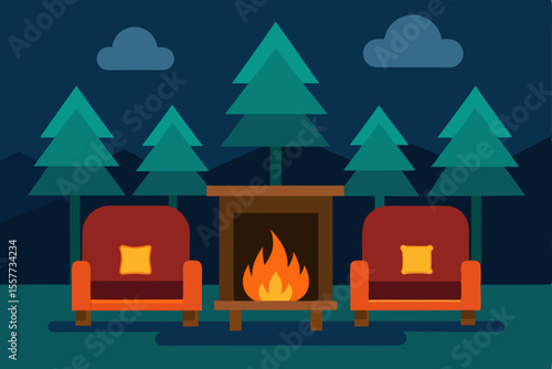 twin sofas with cozy rug and flickering fireplace