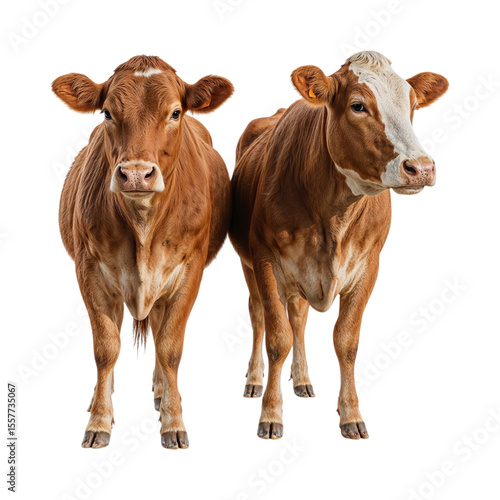 Two Brown Cows Standing Together in a Farm Setting