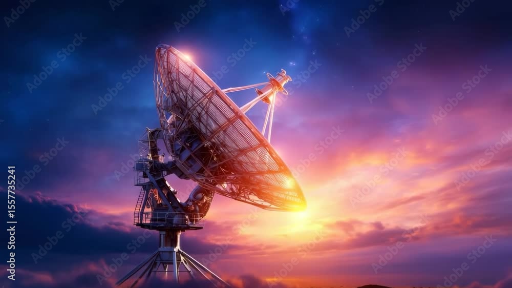 Satellite dish communication technology sunset sky antenna science network transmission dramatic scene with large metal structure, astronomy, inspiring clouds, and futuristic lighting for advanced Satellite dish communication technology sunset sky antenna science network transmission dramatic scene with large metal structure, astronomy, inspiring clouds, and futuristic lighting for advanced