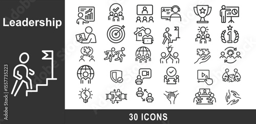 Leadership Icon Set. Containing authority, teamwork, management, success, motivation, business, strategy, growth, mentor, and more