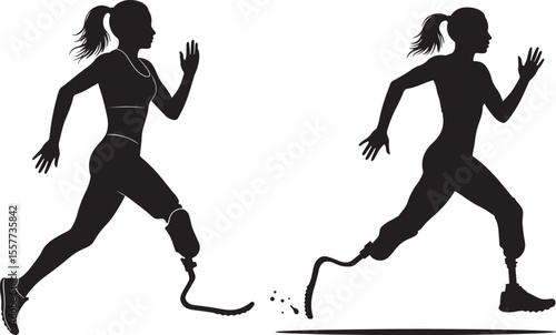 Female Athlete Running with Prosthetic Leg Silhouette vector illustration
