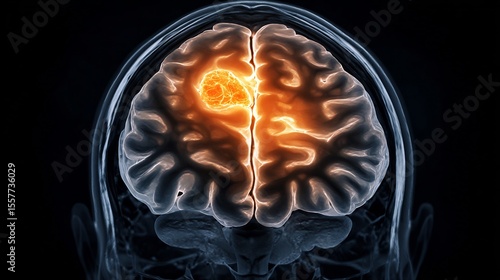 Ai generated PET scan image style showing bright orange cancerous tumor human brain symmetrical scan layout glowing anomaly in cerebral cortex medical imaging style