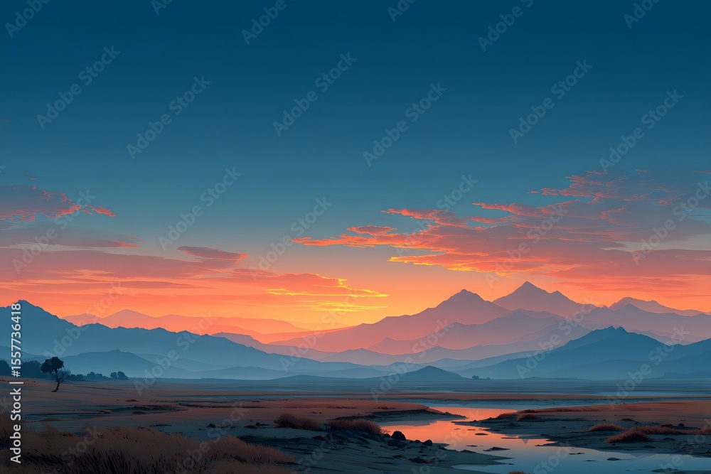 Fototapeta premium A twilight sky spreading golden light across a quiet landscape.