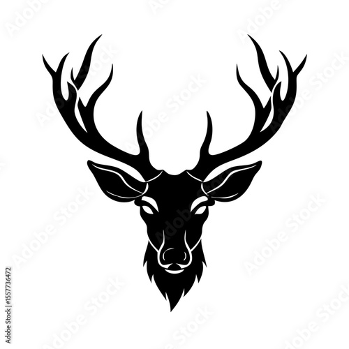 Large whitetail deer head silhouette black and white flat vector illustration on white background