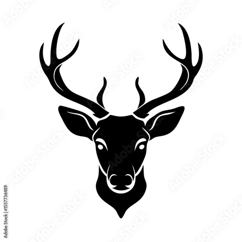 Large whitetail deer head silhouette black and white flat vector illustration on white background