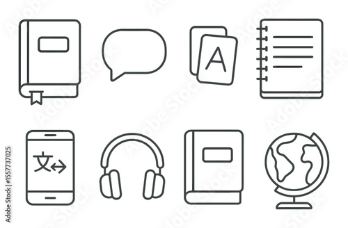 Language learning icons set – outline, education and communication symbols