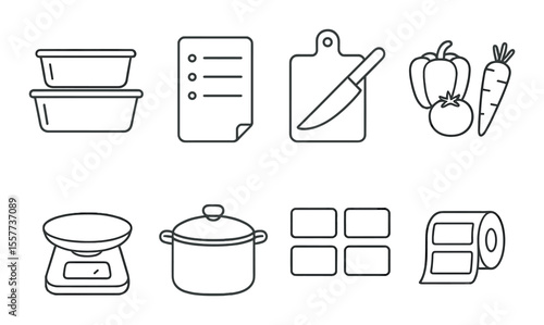 Meal prep essentials icons set – outline, kitchen tools and cooking symbols for planning