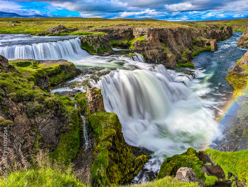 Obraz premium Aerial drone view of Fosslaug waterfall, Iceland