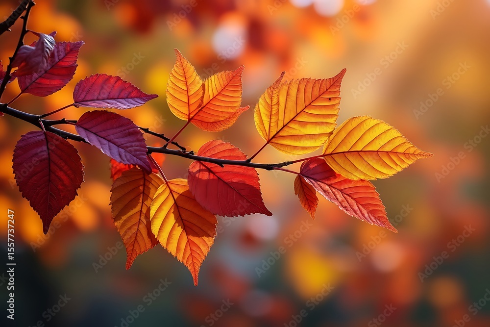 Obraz premium A branch with vibrant autumn leaves backlit by sunlight