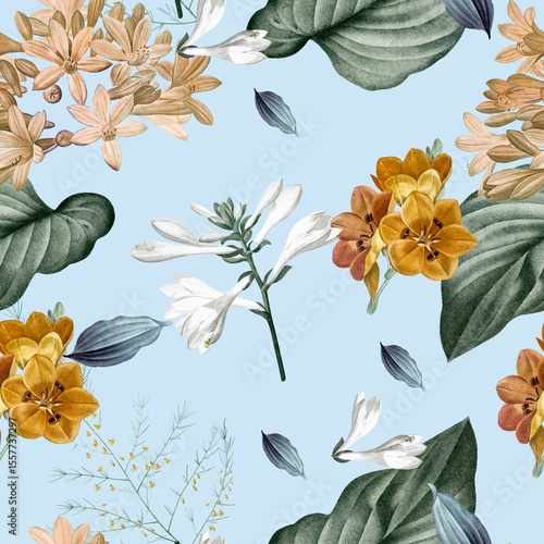 Seamless pattern with stylized tree branches. Watercolor illustration. with the blue background and beauty composition 