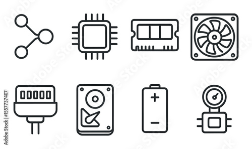 Tech and gadgets icons set – outline, digital components and upgrade symbols