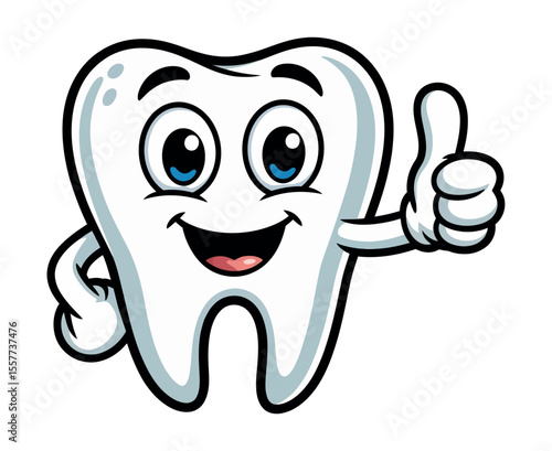 Cartoon tooth giving a thumbs up a happy and healthy tooth illustration for dental care cheerful cartoon character with big eyes wide smile