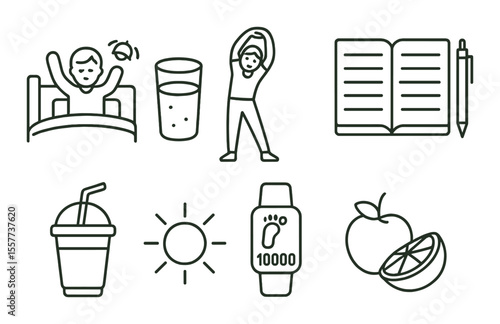 Morning routine line icons set – daily habits and lifestyle symbol collection