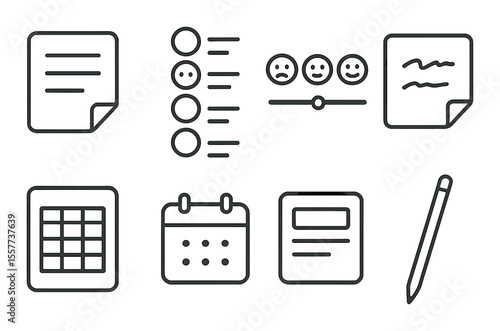 Digital journaling icons set – outline, writing and note-taking symbol collection