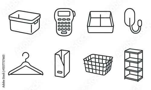 Home organization icons set – silhouette, storage and tidying symbols