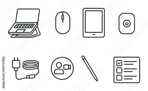 Sustainable kitchen and workspace icons set – outline, eco-friendly and green symbols