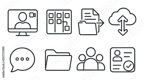 Remote work icons set – outline, home office and telecommuting simple symbols