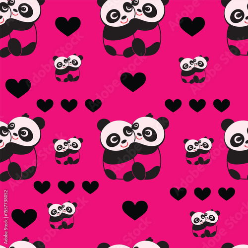 A fun and vibrant repeating pattern featuring cute pandas cuddling and small panda faces against a bright pink background, interspersed with hearts. This adorable design is perfect for children's .
