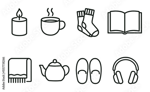 Cozy living icons set – outline style, comfort and relaxation symbols