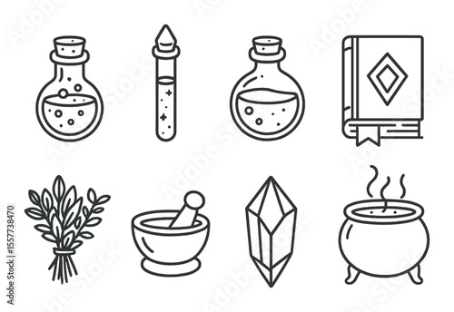 Fantasy potion icons set – outline, magical elixir and spell symbols for gaming