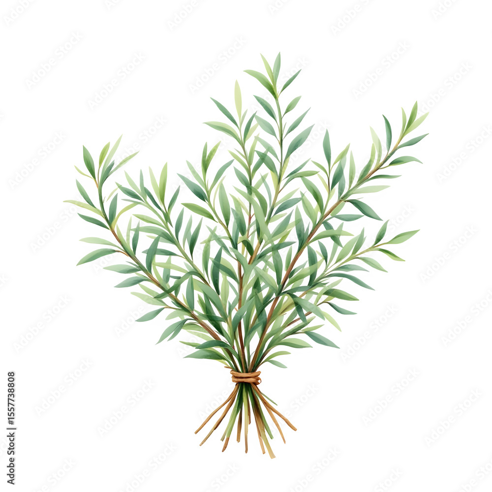 Obraz premium A watercolor illustration of a bundle of leafy green branches tied together with a brown string bow
