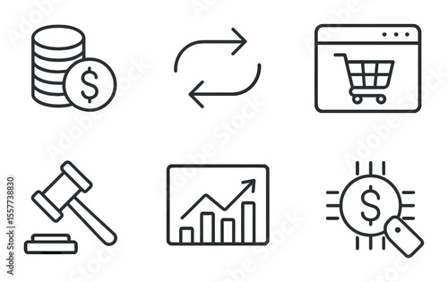 Virtual economy icons set – outline, finance and e-commerce symbol collection