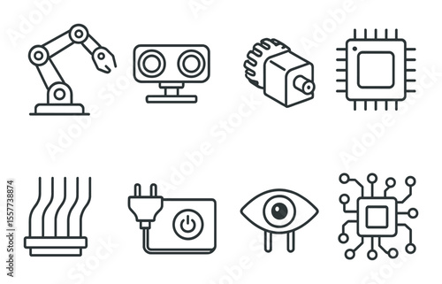 Robotics component icons set – outline, automation and tech design elements