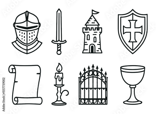 Medieval icons set – outline style, historic and ancient symbols collection