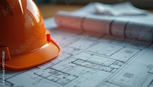 Construction blueprints, orange hardhat on desk. Building design engineering plans, architecture project, fire safety planning best practices. Safety, regulations, risk assessment. House plan,