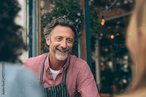 Smiling male cafe owner with red shirt and apron conversing with patrons at a table by flower decorated storefront