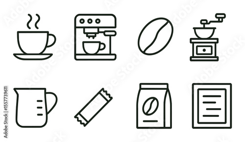 Coffee and language line icons set – minimalist, cafe and communication symbols