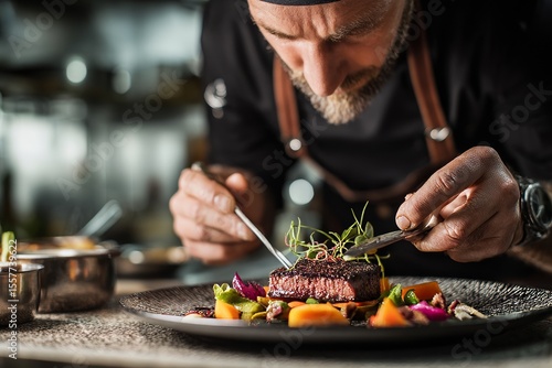 Gourmet preparation of steak dish by chef with tweezers, arranged vegetables on decorative plate for a fine dining experience