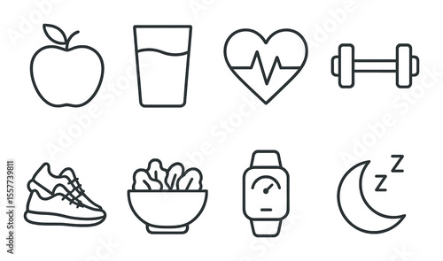 Healthy lifestyle icons set – outline, wellness and fitness symbols for vitality