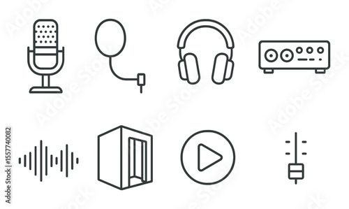 Podcasting icons set – outline, broadcast and audio symbols for media projects