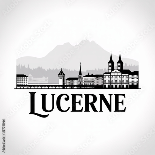 Lucerne City Skyline Silhouette — Swiss Lakeside Landmark Vector Illustration