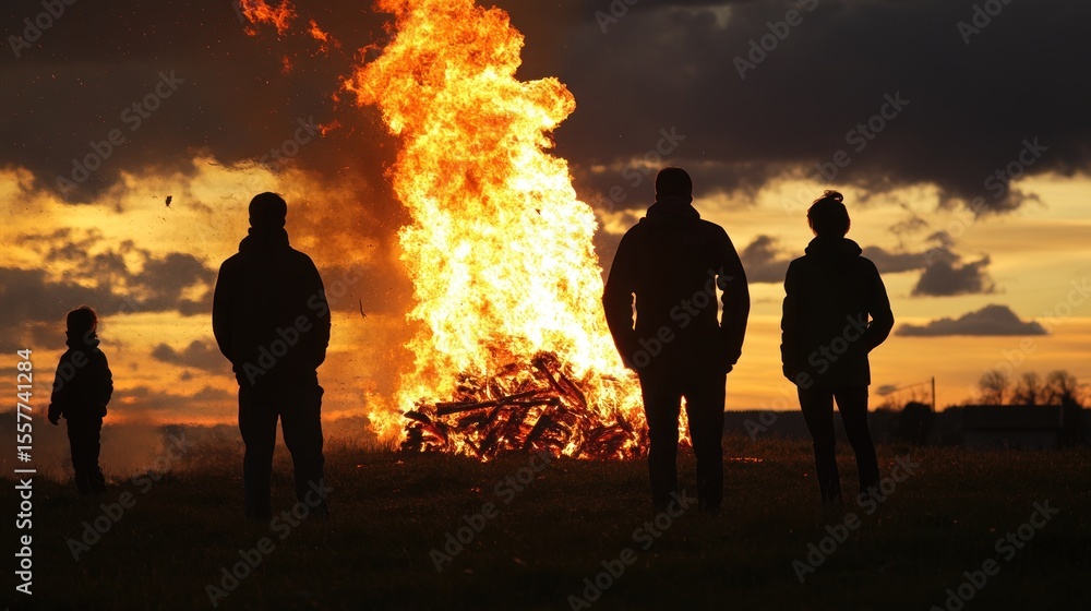 Fototapeta premium Silhouettes of people by a bonfire at sunset