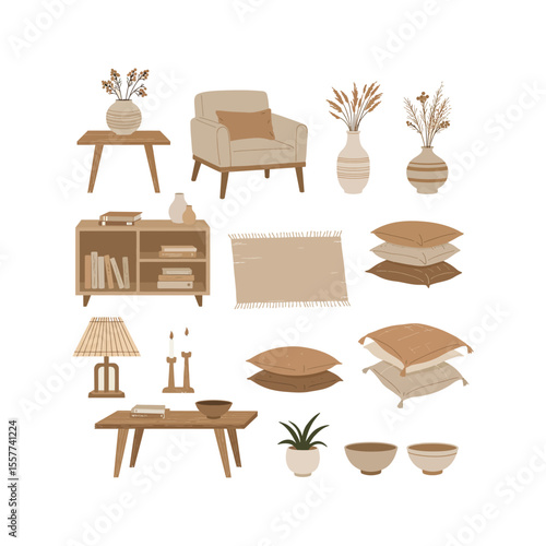 Bohemian living room interior design elements armchair table vase plants pillows rug and books