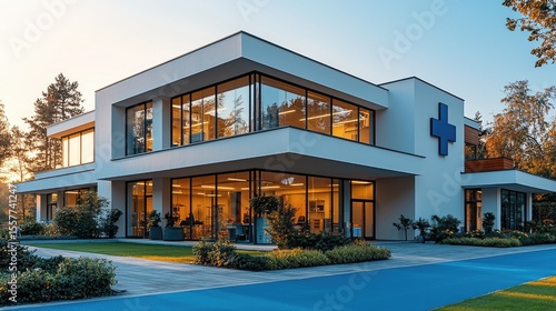 Modern medical facility exterior at sunset.