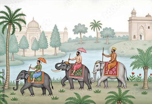 Mughal emperor riding elephants — traditional botanical miniature painting vector illustration for royal wallpaper, historic mural, and cultural art design