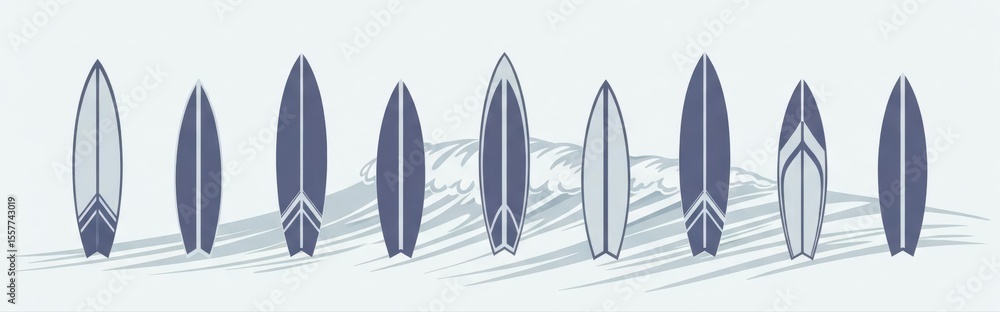 Surfboard Collection Ready for Waves. An assortment of aquatic vessels by the shore. Evokes sun-drenched coastal adventures, exhilarating water sports, and peaceful ocean relaxation. Surfboard Collection Ready for Waves. An assortment of aquatic vessels by the shore. Evokes sun-drenched coastal adventures, exhilarating water sports, and peaceful ocean relaxation.