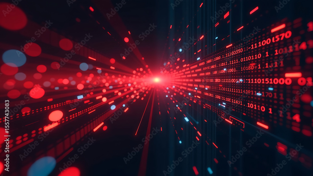 Fototapeta premium bright red matrix pulsing codes sweeps horizontally across dark digital background animated flux lines intersecting receding