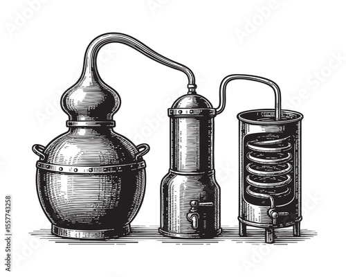 Vintage Vector Alcohol Distiller Illustration in Engraving Style