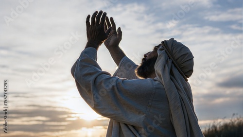Muslim man praying. Muslim man prays raising his hands to the sky. 