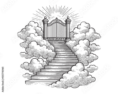 Vector Vintage Heaven Gate and Stairs with Clouds Illustration