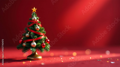 diminutive red ribbon christmas tree stands atop crimson velvet background adorned intricately detailed floral ornaments