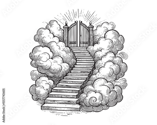 Vector Vintage Heaven Gate and Stairs with Clouds Illustration