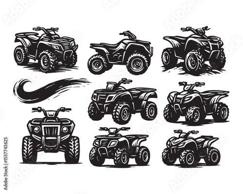 Vintage Vector ATV Offroad Vehicle Icon Set in Black and White